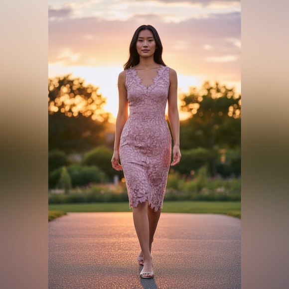 Eliza J Dresses & Skirts - Eliza J Dusty Mauve Eyelash Lace Sheath Dress V-Neck Size 0
